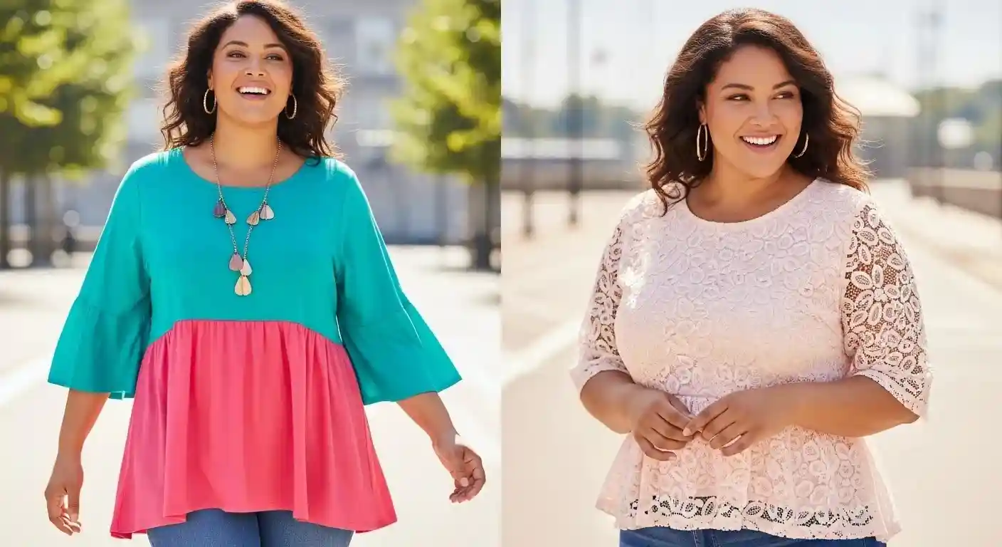 Two plus-size women smiling outdoors: one in a teal and pink color-blocked peplum top with bell sleeves, the other in a light pink lace peplum top, both paired with jeans, showcasing stylish summer options.