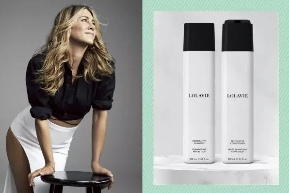 Jennifer Aniston promoting LolaVie shampoo bottle, and also uses this for her own haircare 