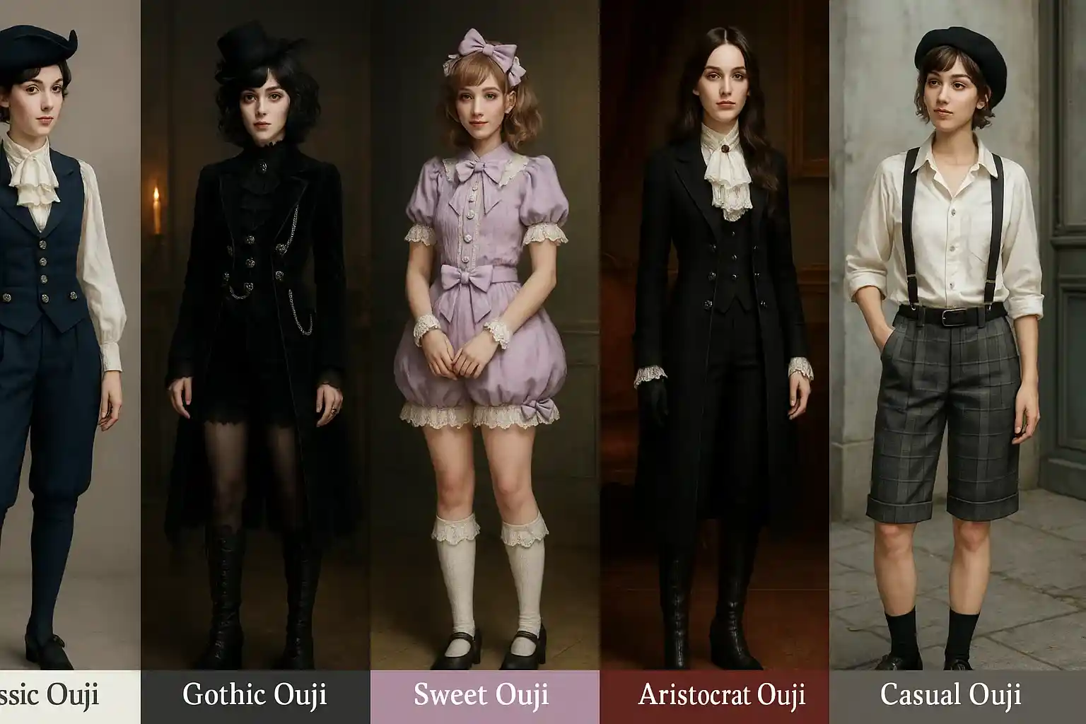 Side-by-side comparison of classic, gothic, sweet, aristocrat, and casual ouji outfits