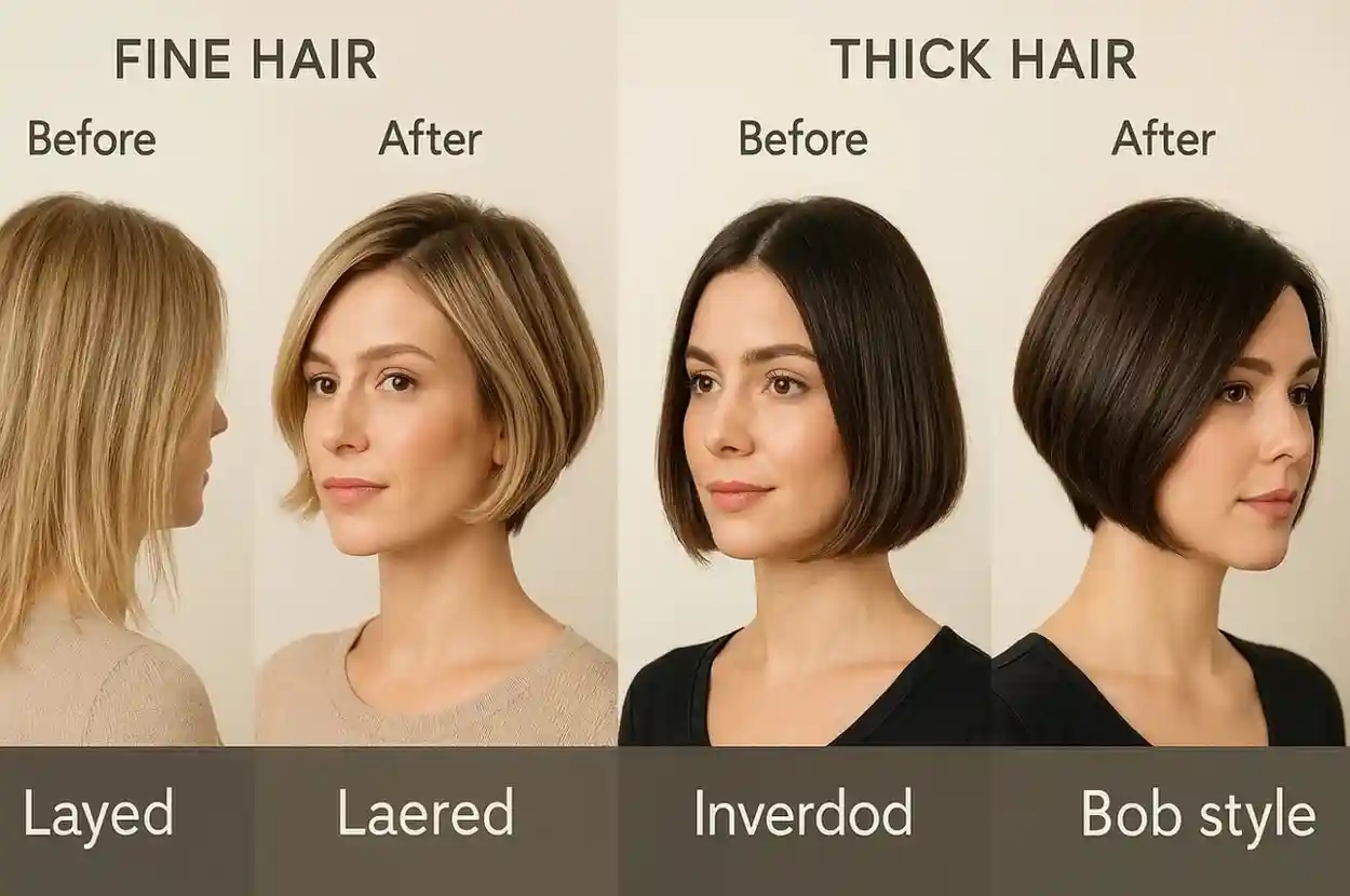 Side-by-side visual: fine hair with layered bob and thick hair with inverted bob, before/after styling view