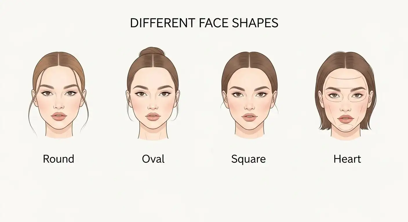 Illustrated chart showing different female face shapes: round, oval, square, heart, labeled clearly and styled simply