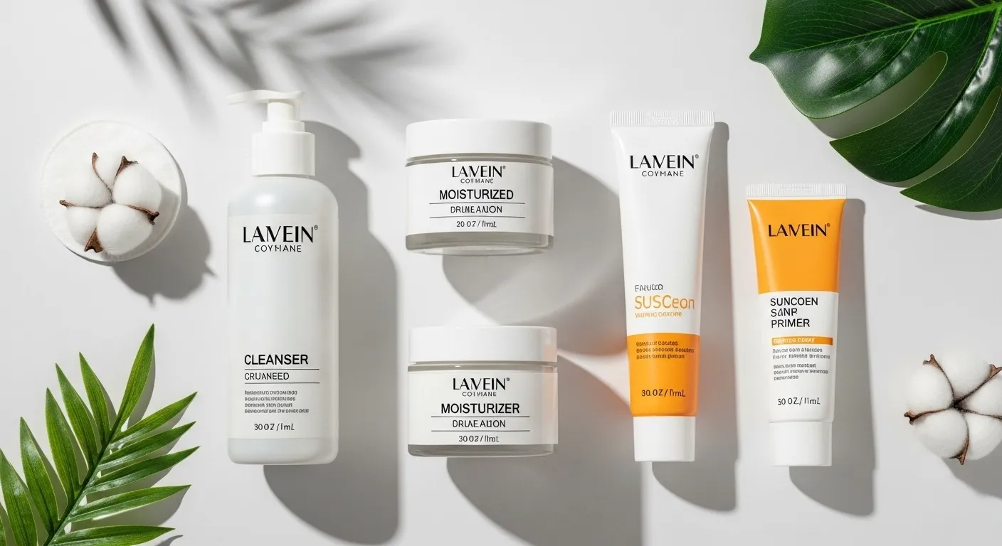 A flat-lay of skincare products for makeup prep, including a cleanser, moisturizer, sunscreen, and primer, arranged on a white background with a cotton pad and green leaf.