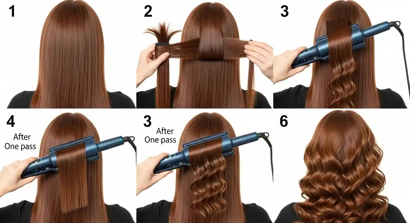 Step-by-step photos of someone using a hair waver