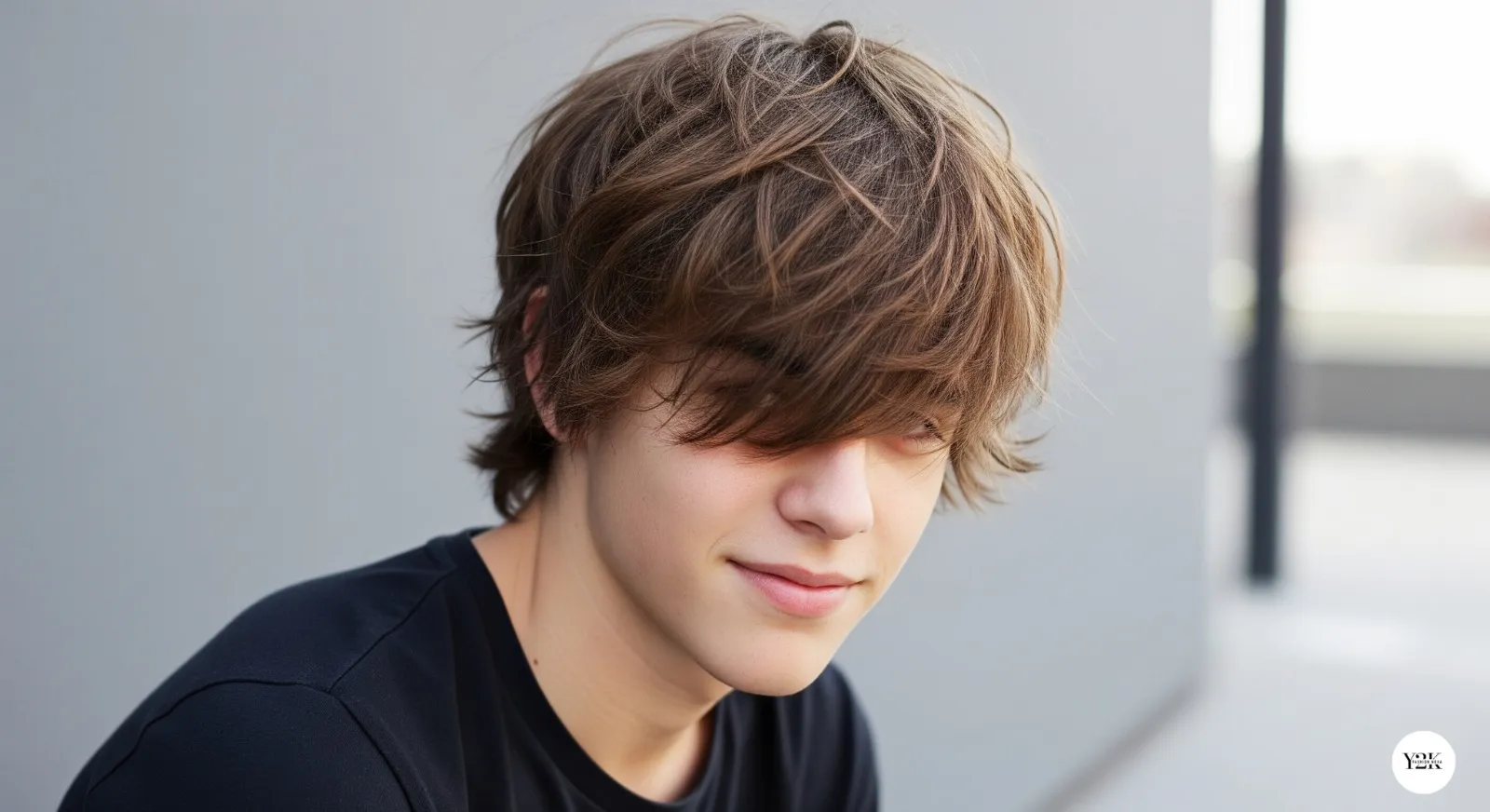 Teen boy with textured fringe hairstyle falling forward over forehead
