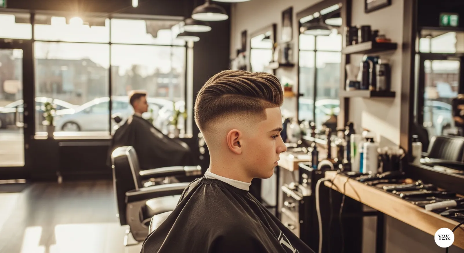 Teen boy with burst fade haircut showing curved fade design