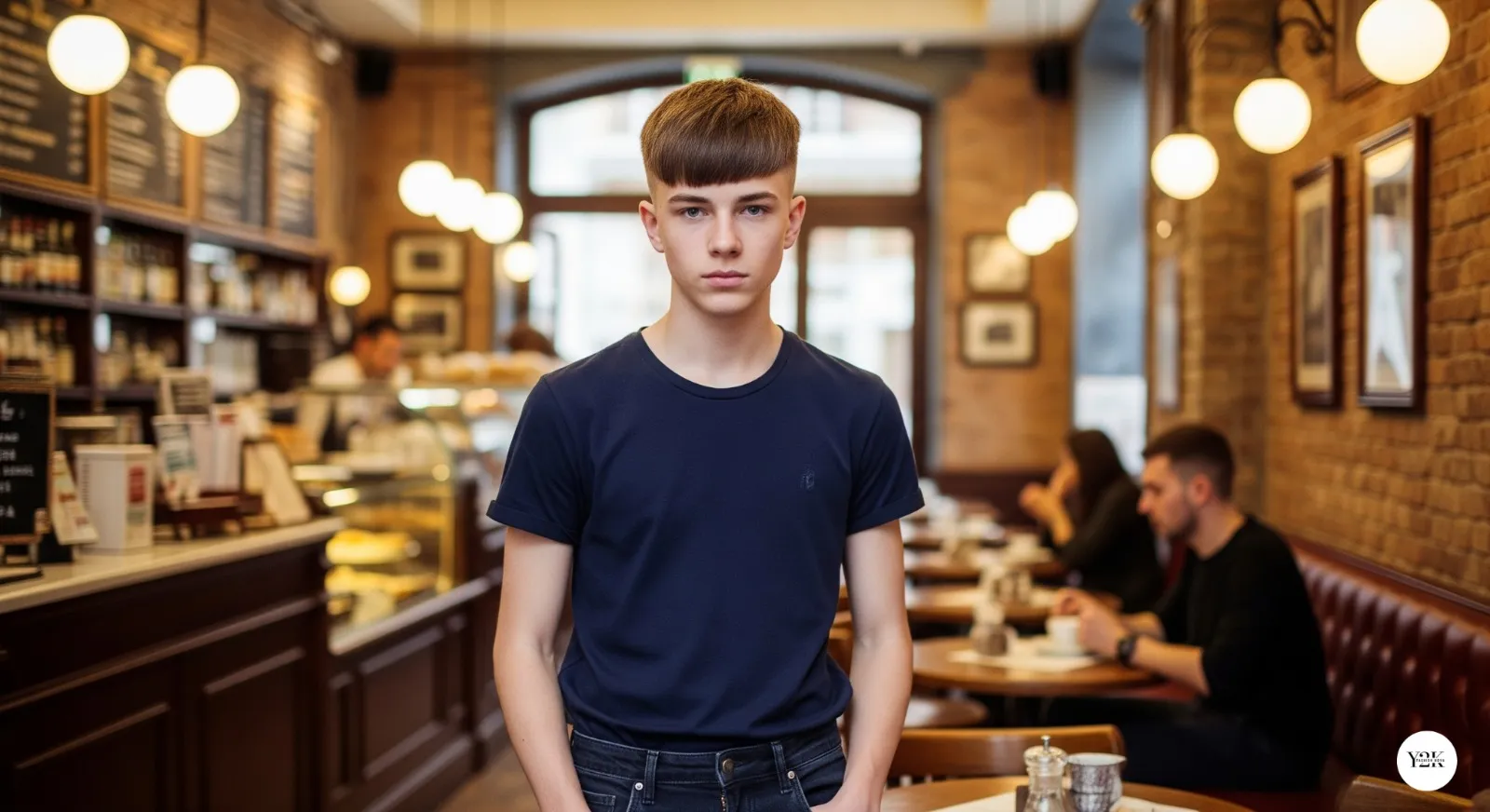 Teen boy with French crop haircut featuring straight fringe and textured top