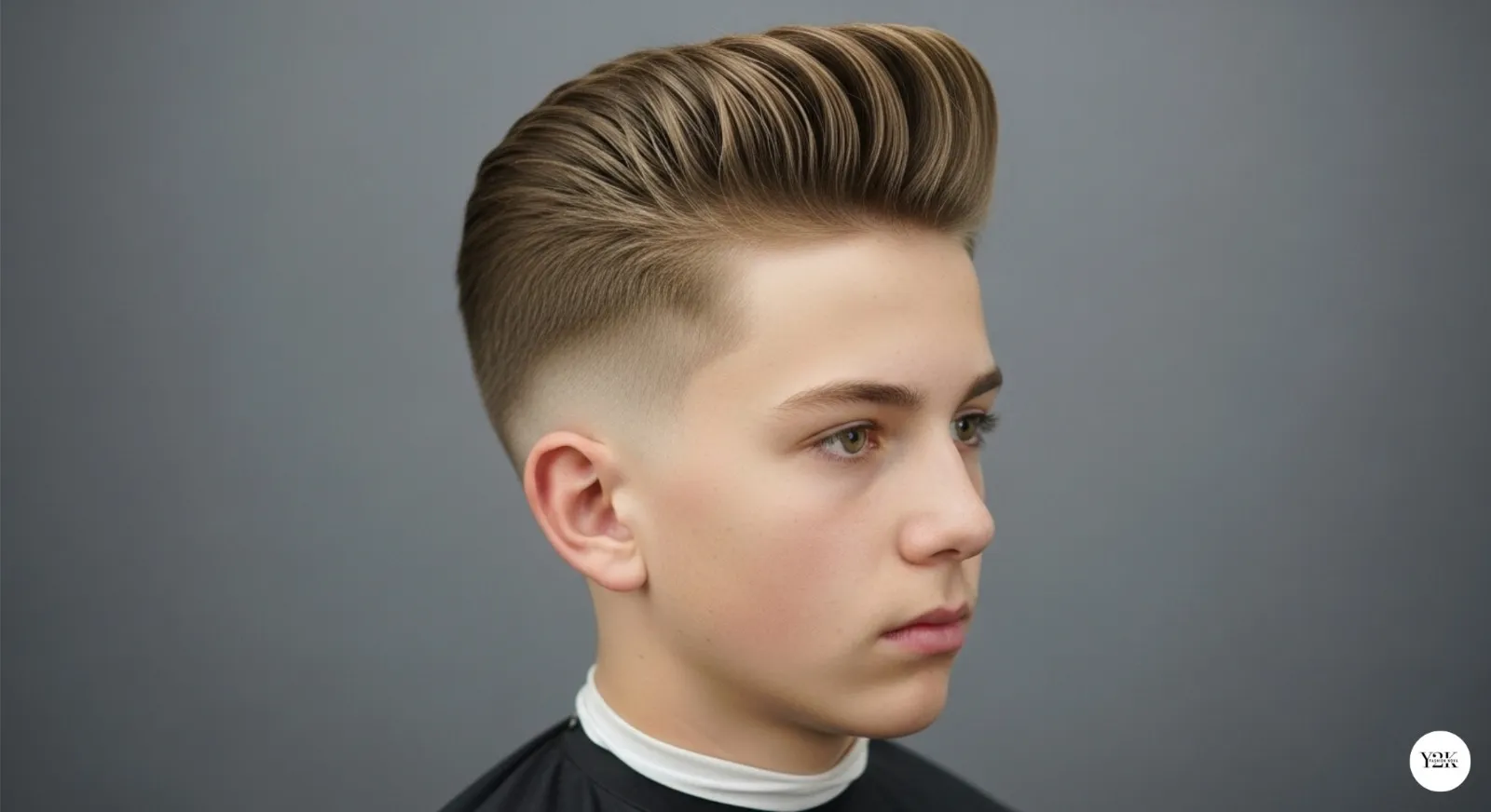 Teen boy with modern pompadour hairstyle showing volume and fade