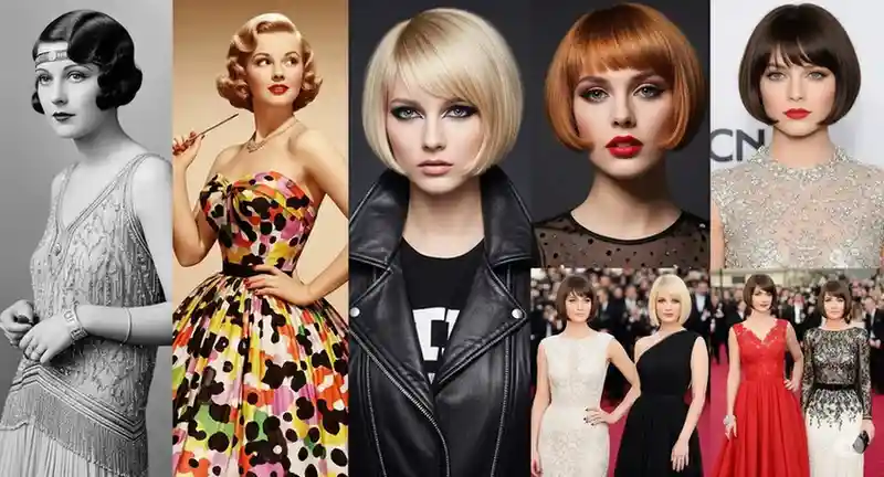 Timeline-style collage showing short bob styles from 1920s flapper look to modern red carpet icons, vintage to trendy