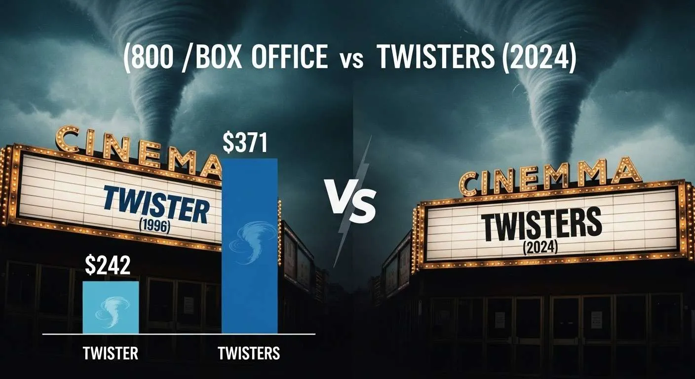 Infographic comparing Twister (1996) box office earnings of $242 million to Twisters (2024) earnings of $371 million, displayed on a cinema marquee with tornado-themed design.