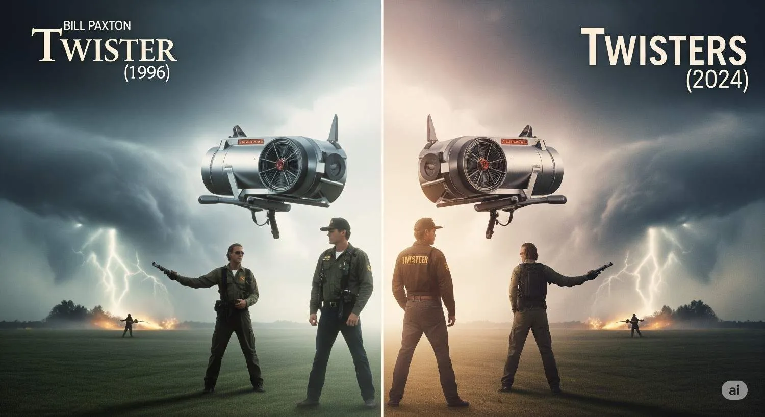 Nostalgic collage of Twister (1996) and Twisters (2024) homages, featuring the Dorothy device, similar costumes, and mirrored storm-chasing scenes against a stormy gradient background.