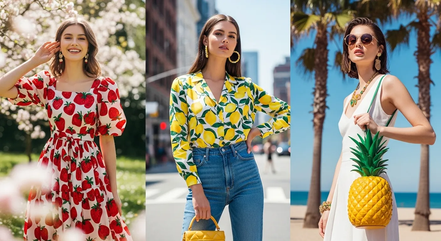 Various styles of fruitful fashion, including a strawberry print dress, a lemon print top, and a pineapple print handbag