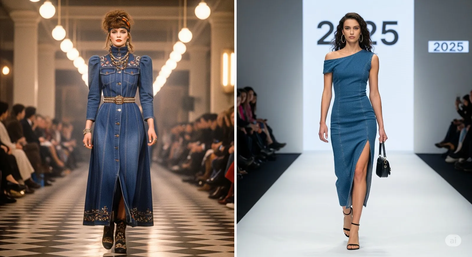 Side-by-side comparison of outdated and modern denim dresses.