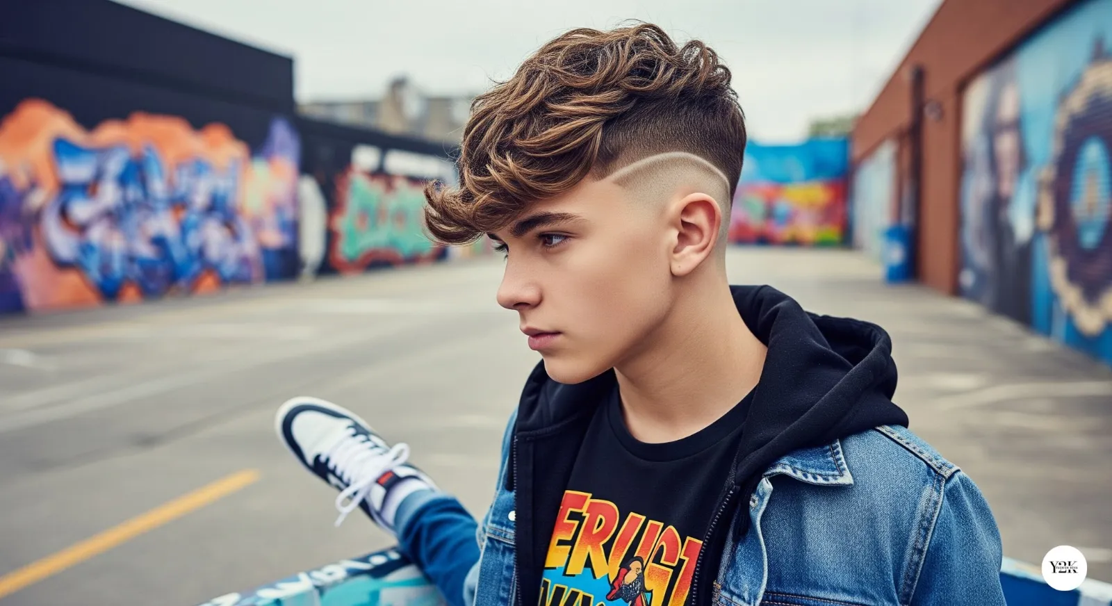Teen boy with wavy fringe and fade haircut for contrasted style