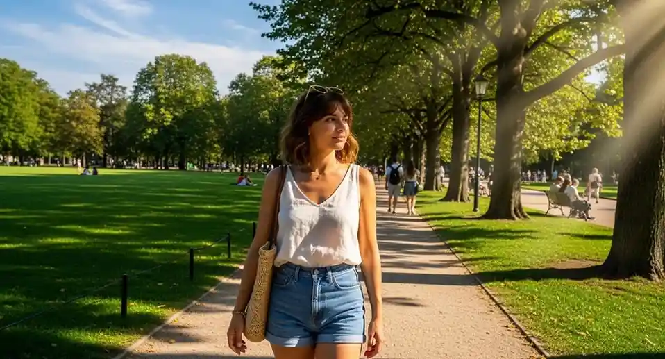 Young woman with short brown hair walking on a sunny park path, wearing a white sleeveless tank top, blue denim shorts, and carrying a straw bag, surrounded by green grass and trees.