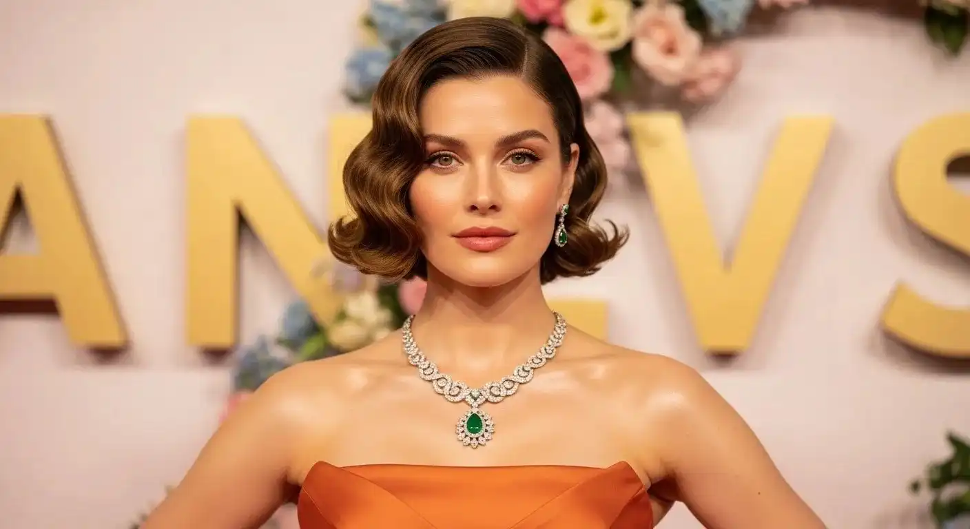 Woman looking in mirror, comparing short bob haircuts on her phone, soft lighting