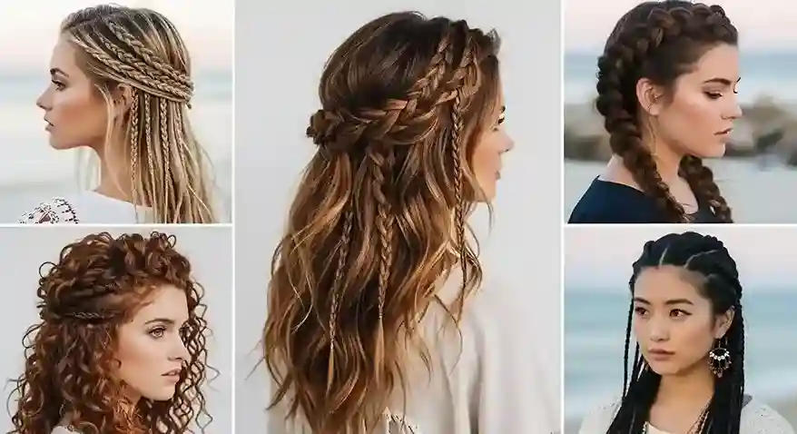 Boho braids styled for different hair types including fine, thick, wavy, straight, and curly hair.