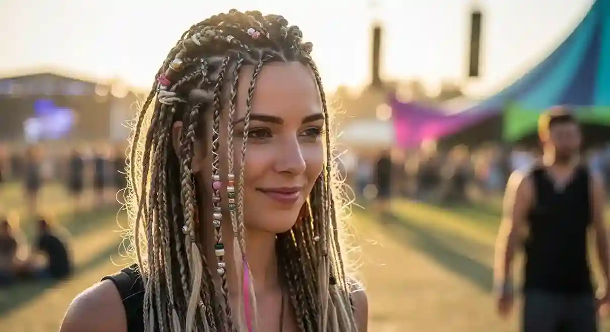 Boho braids hairstyle with loose strands, beads, and ribbons, perfect for a free-spirited festival look.