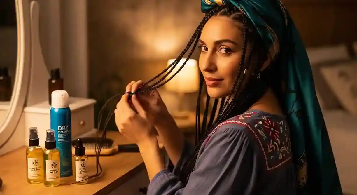 Nighttime care for boho braids with a silk scarf and lightweight hair products.