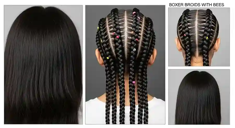 Different styles of boho braids including crown, fishtail, boxer with beads, pull-through, accent, and layered braids.