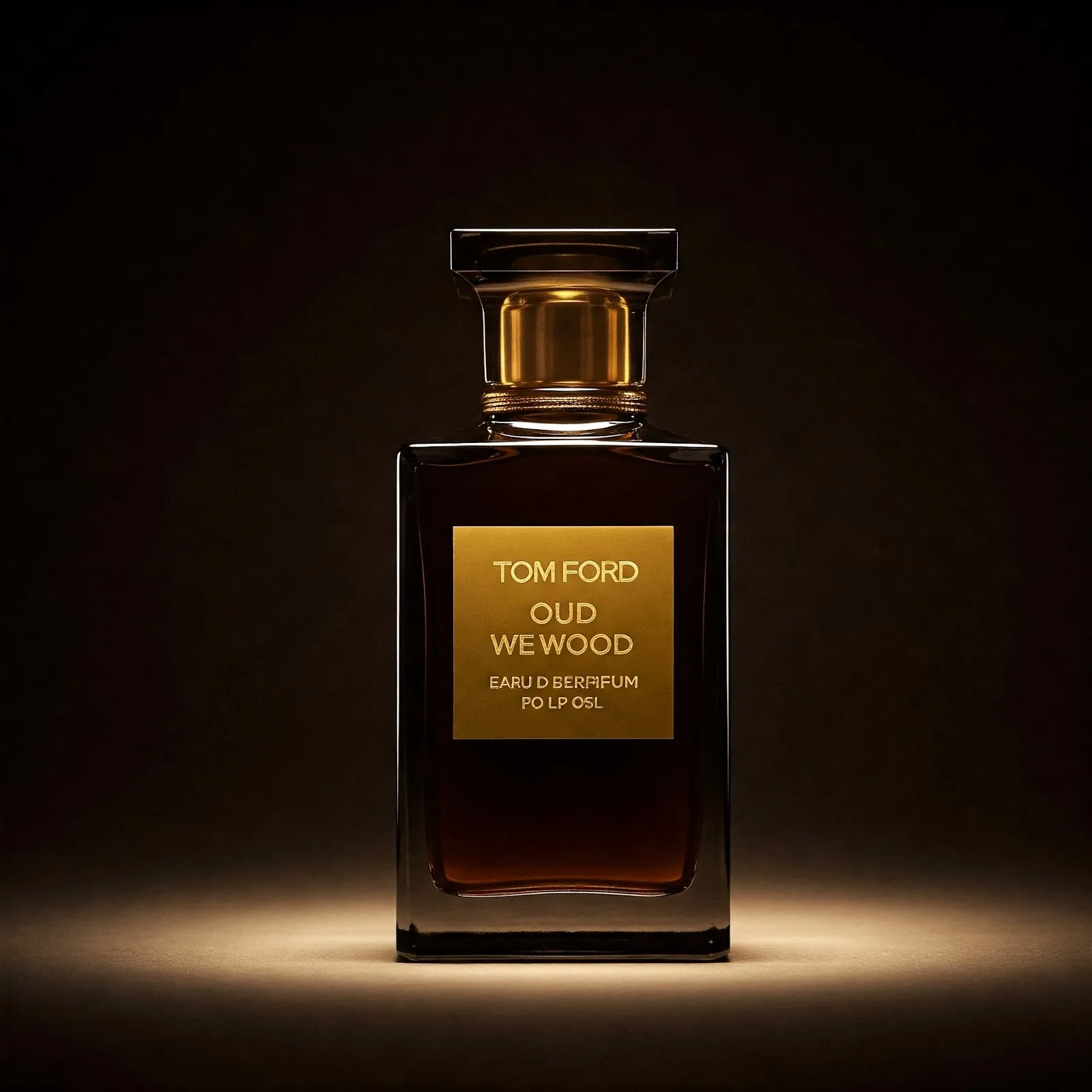 Tom Ford Oud Wood bottle placed on dark wood with warm lighting, evoking luxury and richness.
