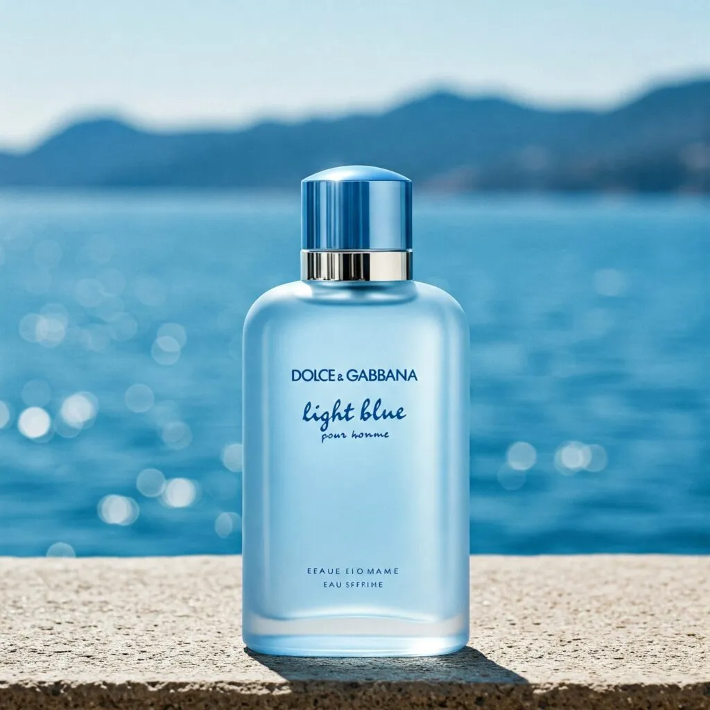 Dolce & Gabbana Light Blue Pour Homme cologne bottle with a sleek design, evoking fresh Mediterranean summer vibes.