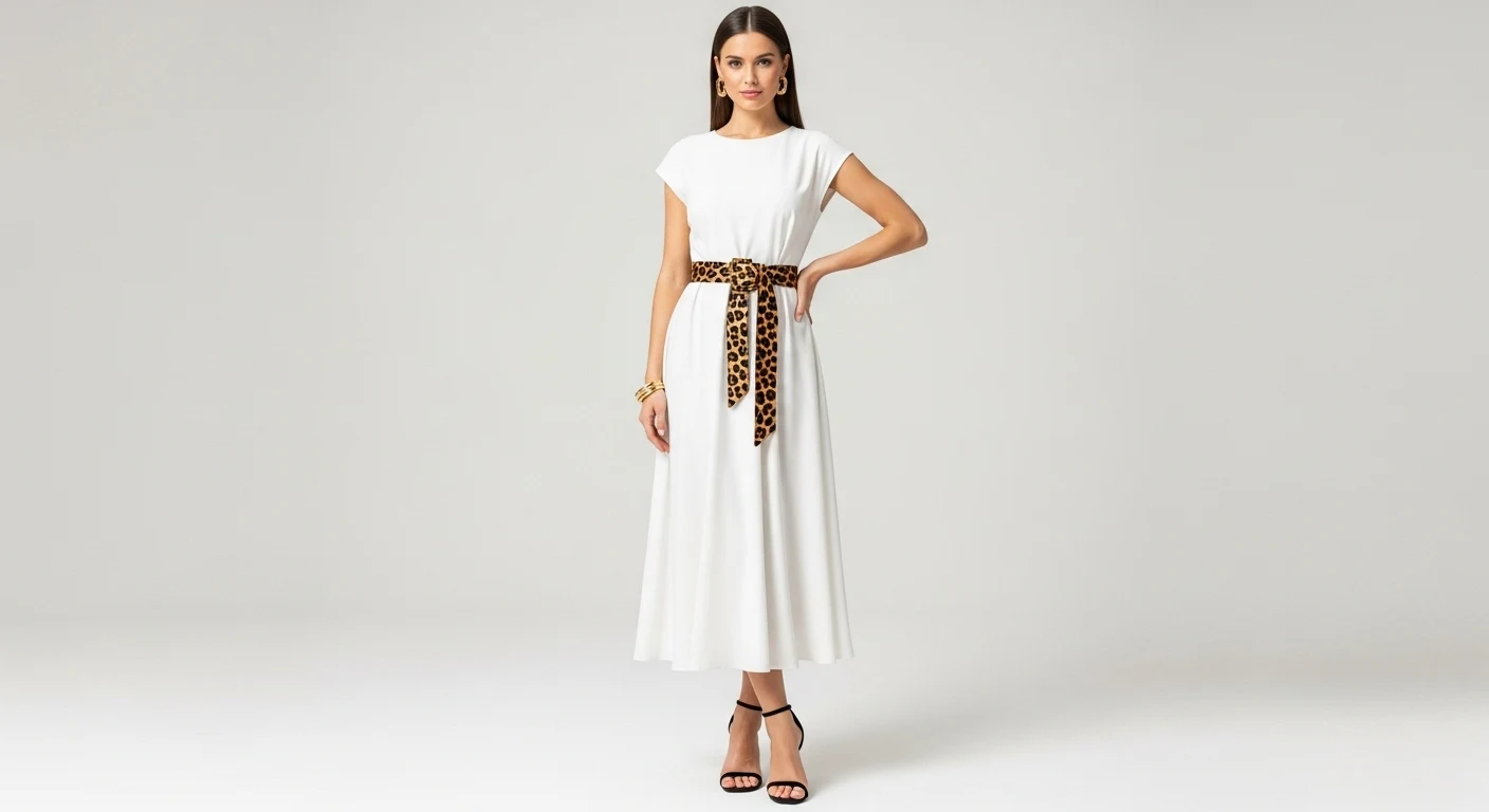 A leopard print belt styled with a white dress
